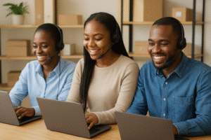 happy small business team replying to customers on laptops